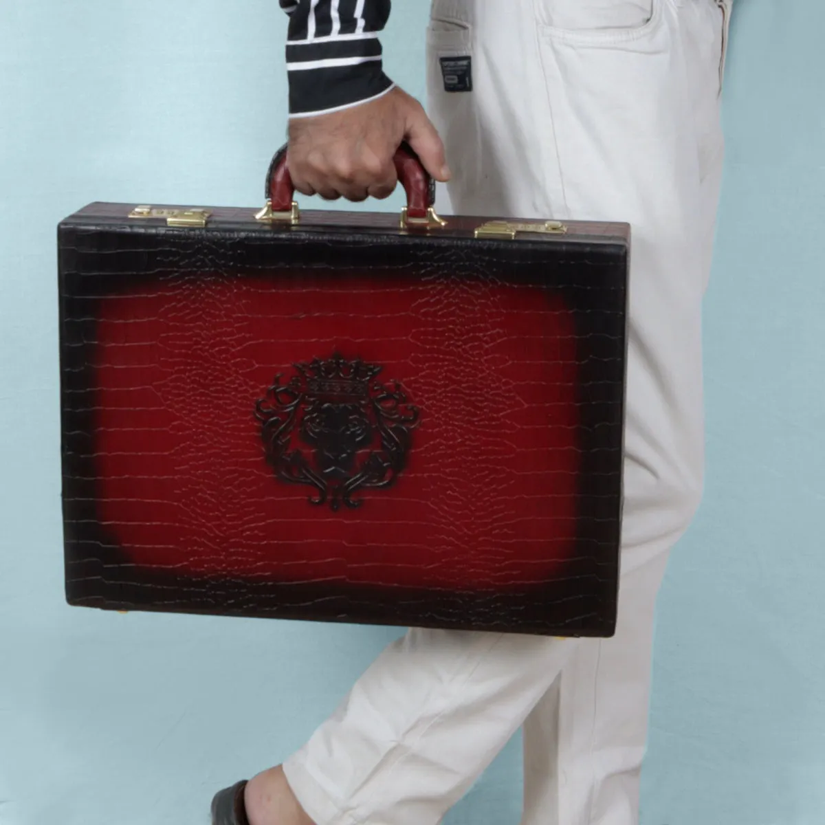 Multi-Functional Office Briefcase in Wine Croco Textured Leather with Embossed Lion