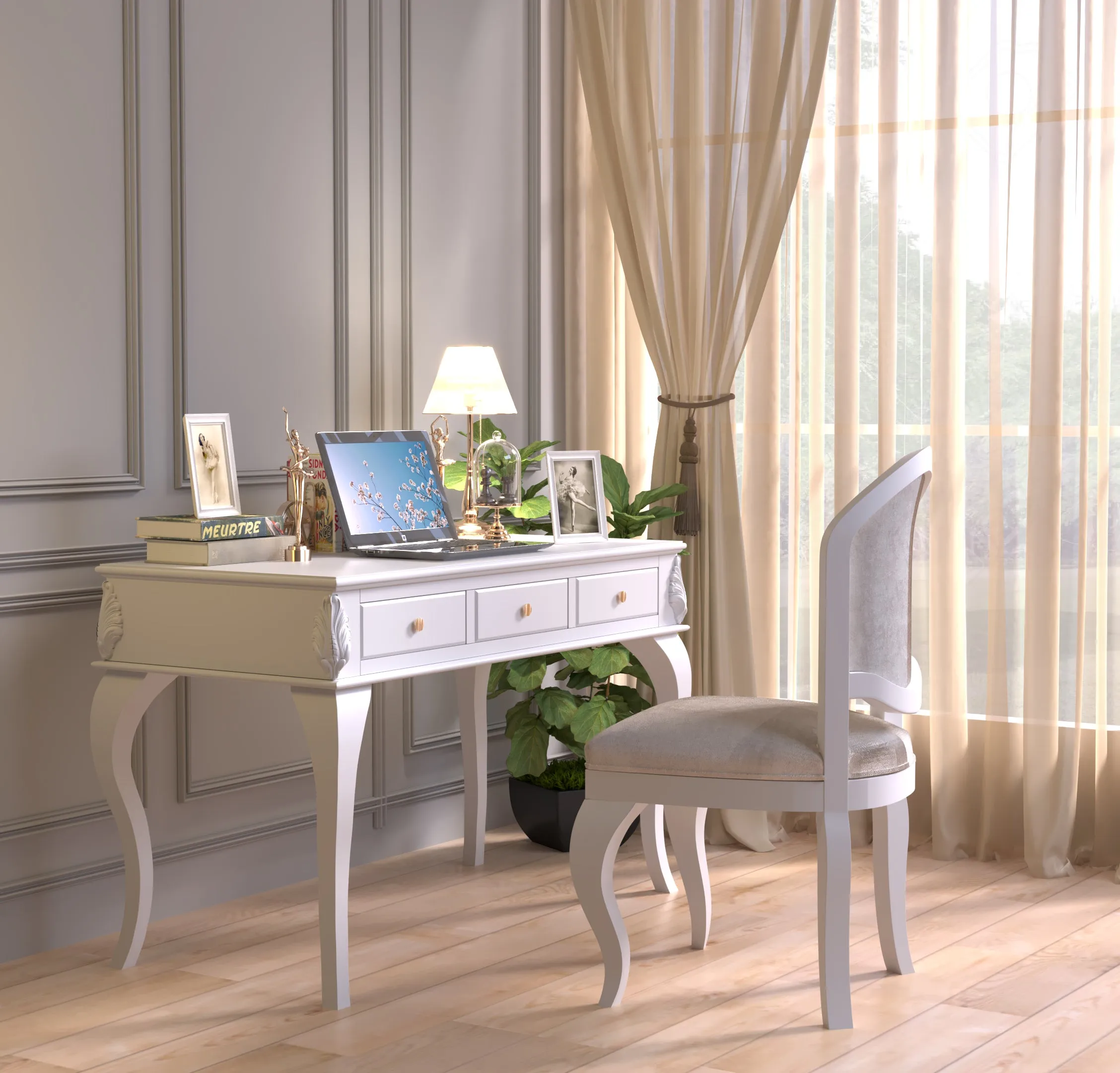 Opaline Luxury White Study Desk with Chair