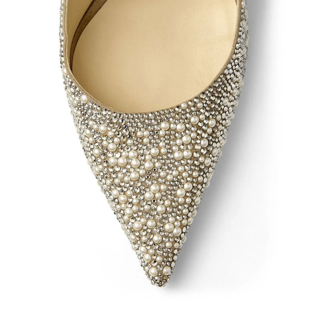 Opulent Crystal Pearl Embellished Stiletto Mary Jane Pumps - Grey