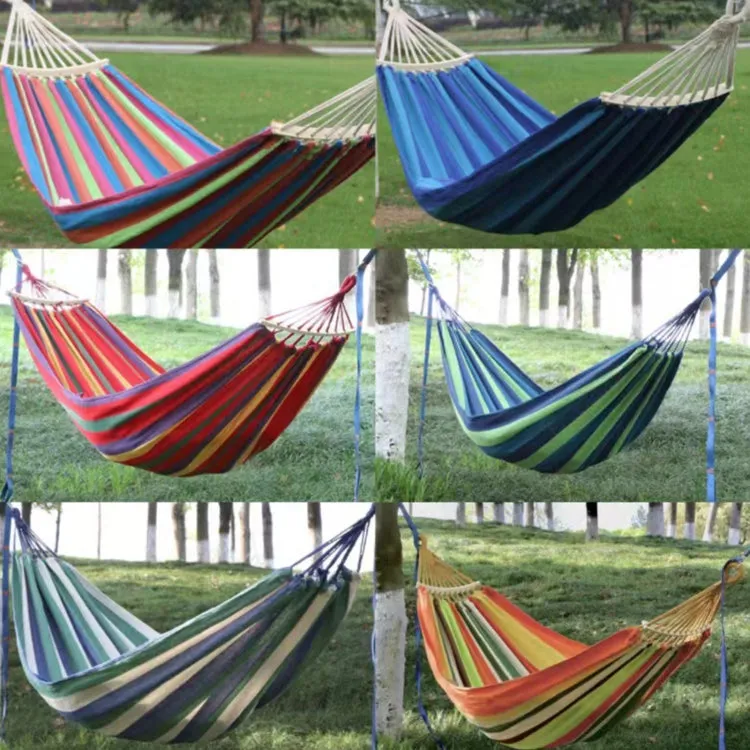 Outdoor Double Thickened Canvas Hammock Indoor Swing with Detachable Curved Rod, Size:190x100cm(Green Stripe)