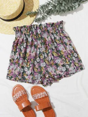 Paperbag Waist Floral Print Cuffed Shorts