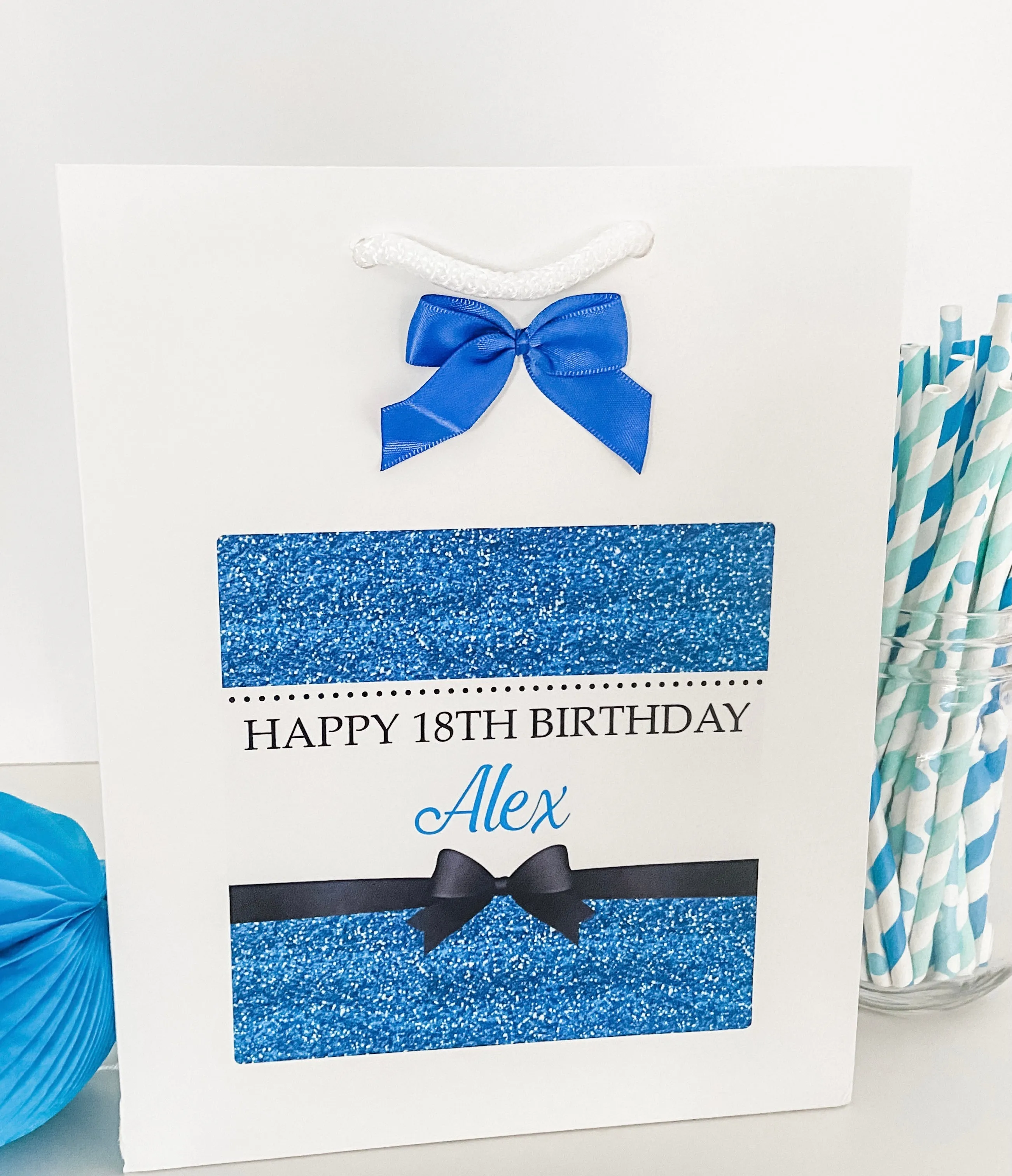 Personalised Birthday Gift Bag Blue Printed Glitter Effect