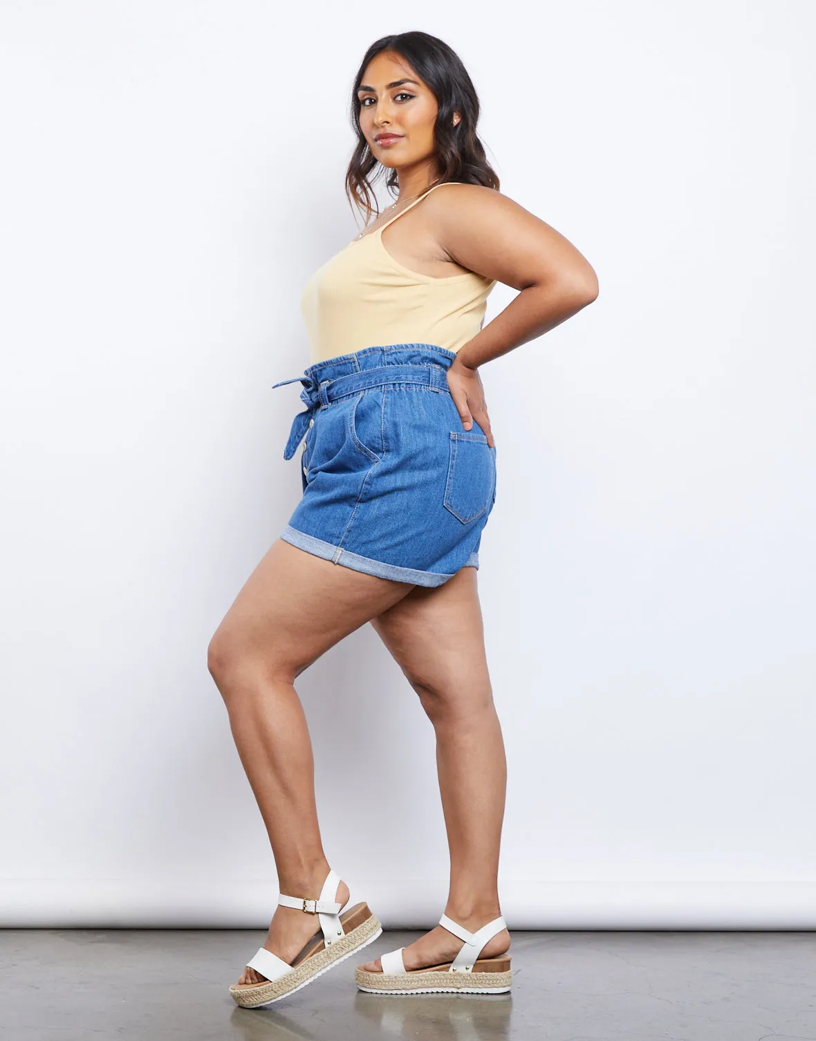 Plus Size Denim Paper Bag Shorts