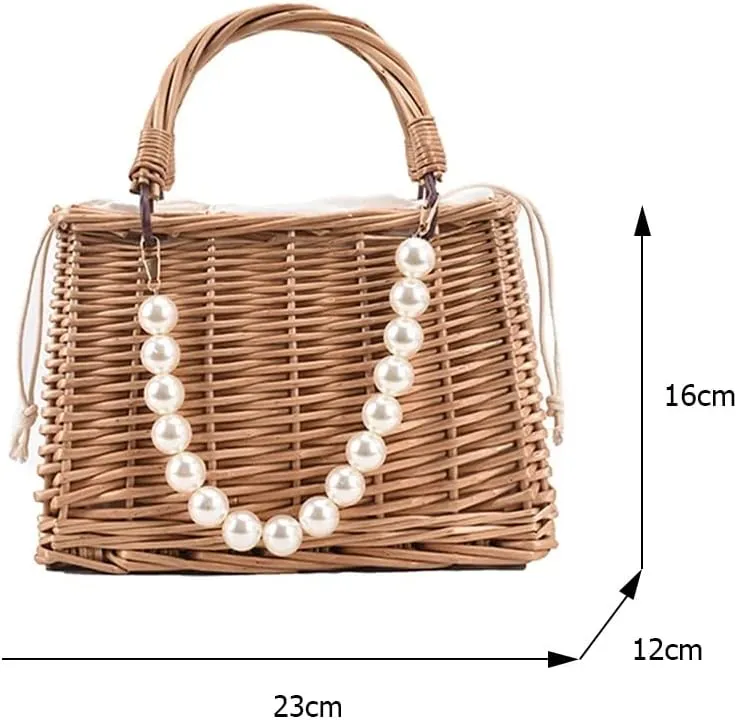 Rattan Handmade Tote Bags Ladies Beach Basket Bag Pearl Beads By APT