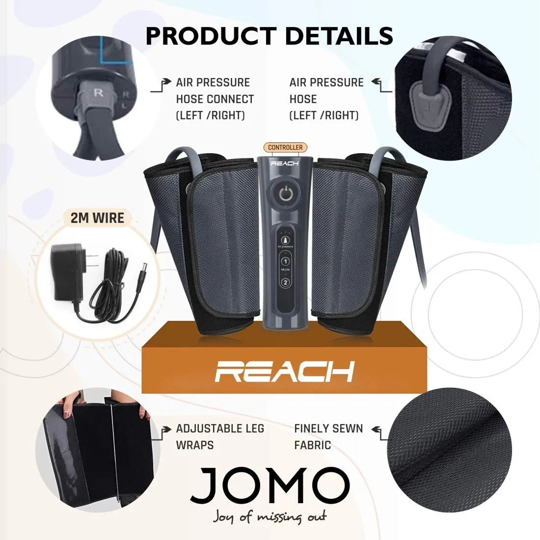 Reach Jomo Leg, Calf & Foot Massager | Air Compression Leg Massager for Pain Relief, Muscle Relaxation & Blood Circulation | Portable Air Pressure Massager