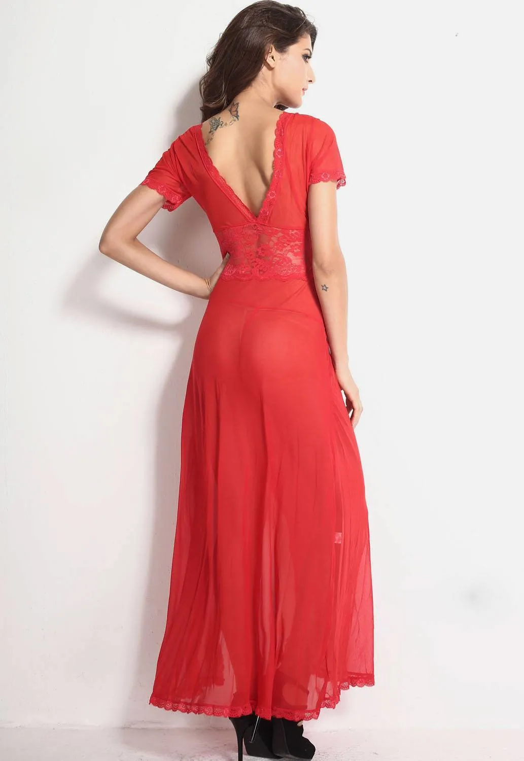 Red Mesh and Lace V Neck Lingerie Gown