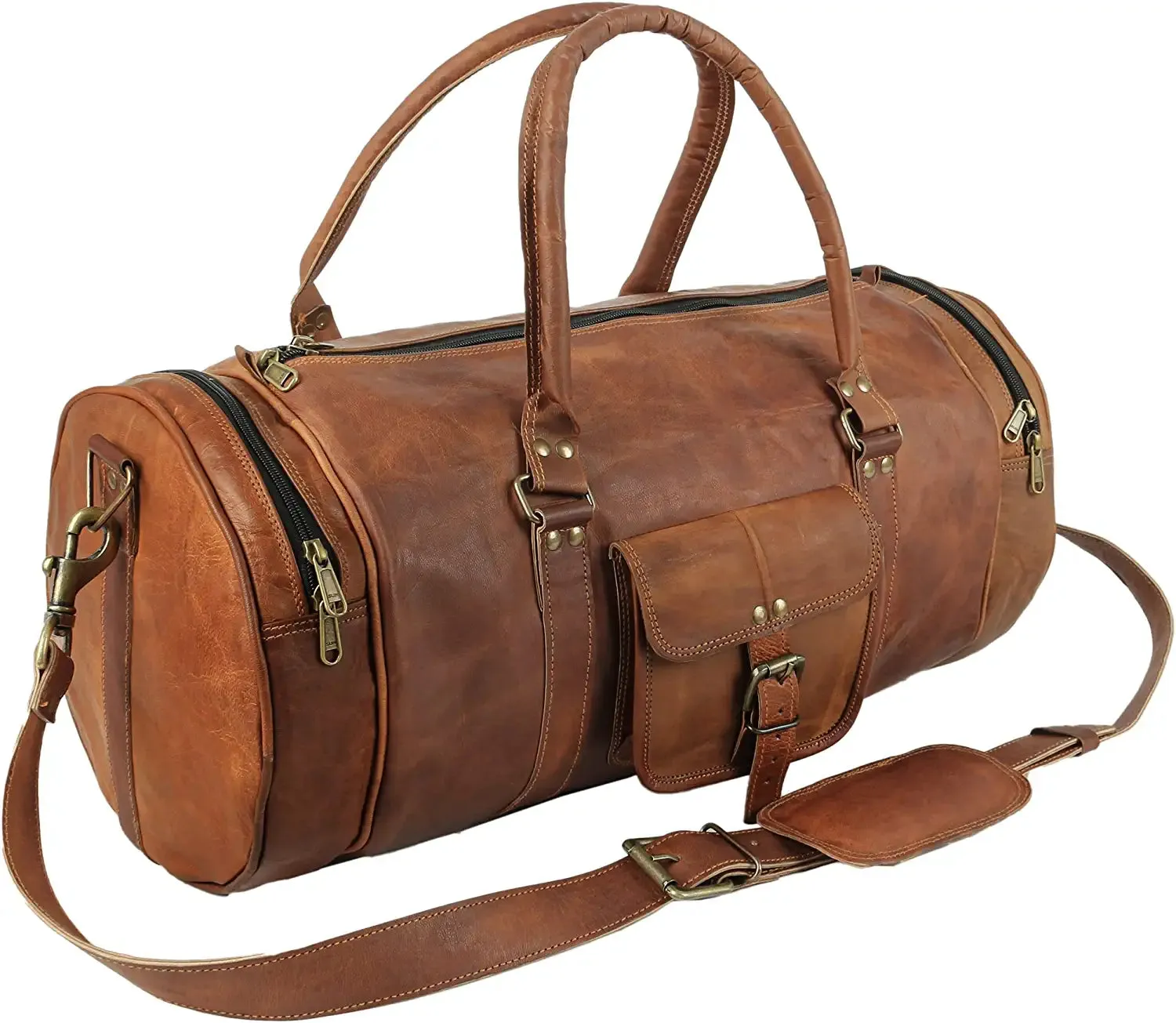 Round Leather Weekender Duffle Bag