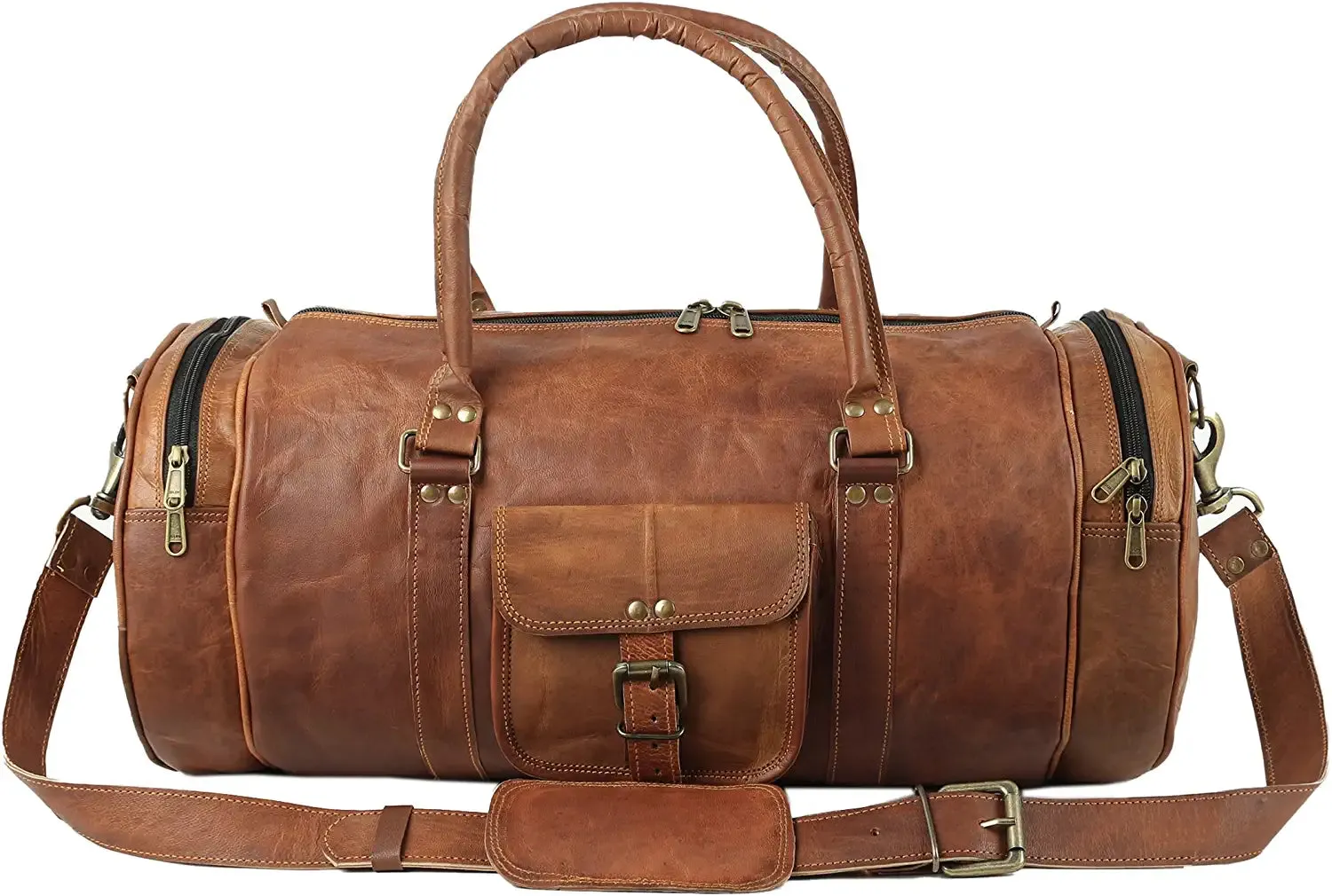 Round Leather Weekender Duffle Bag