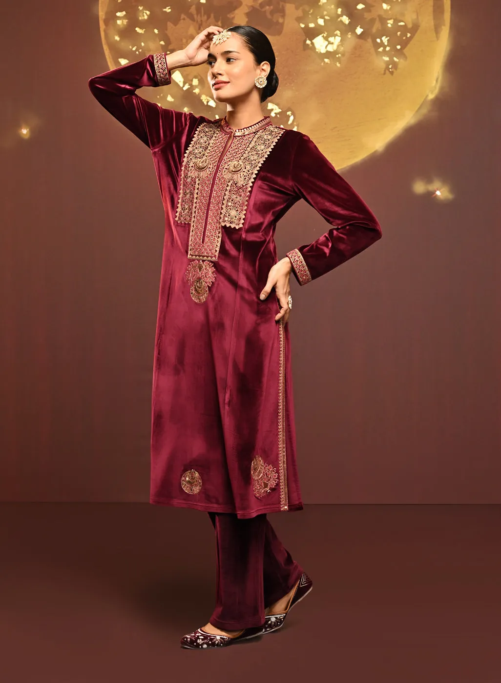 Sana Maroon Embroidered Velvet Kurta Set for Women