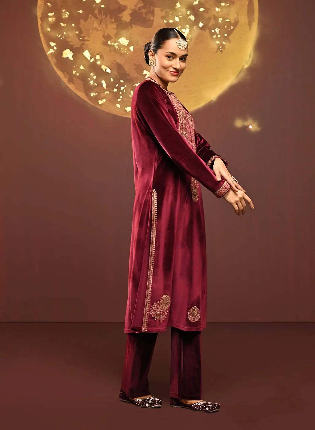 Sana Maroon Embroidered Velvet Kurta Set for Women