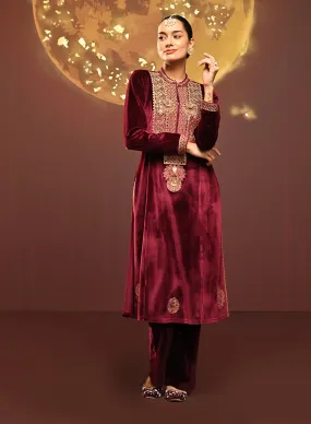 Sana Maroon Embroidered Velvet Kurta Set for Women