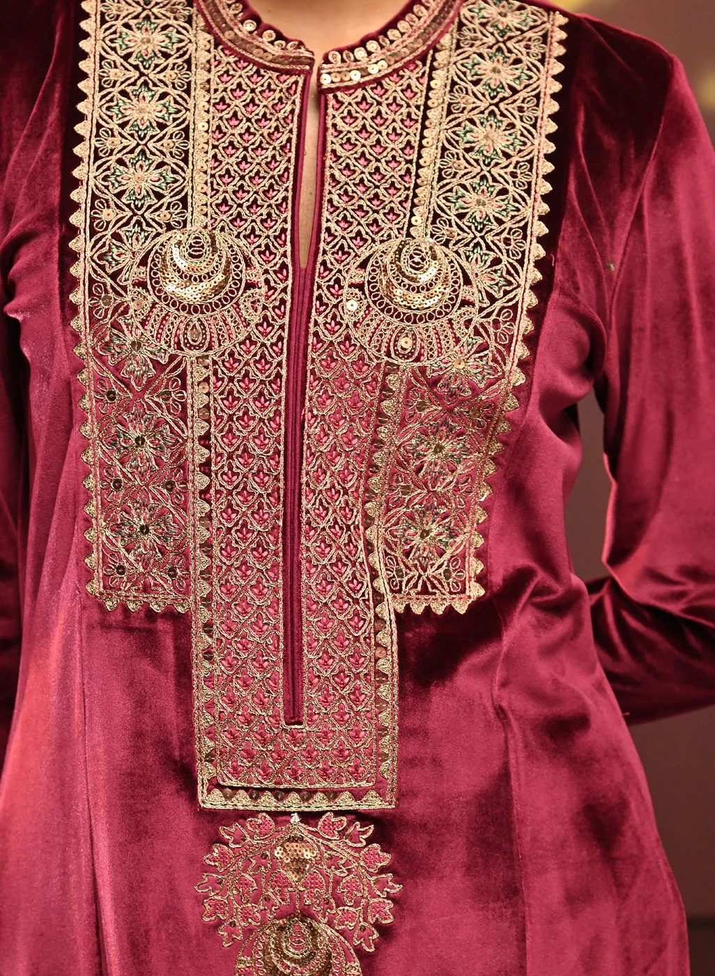 Sana Maroon Embroidered Velvet Kurta Set for Women