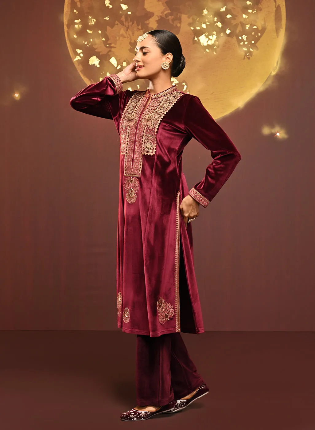 Sana Maroon Embroidered Velvet Kurta Set for Women