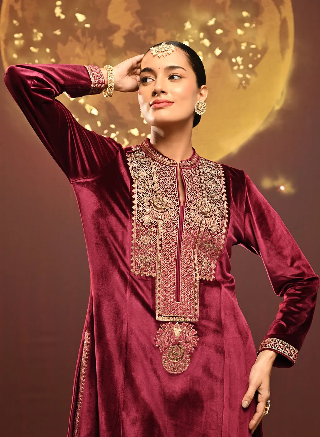 Sana Maroon Embroidered Velvet Kurta Set for Women