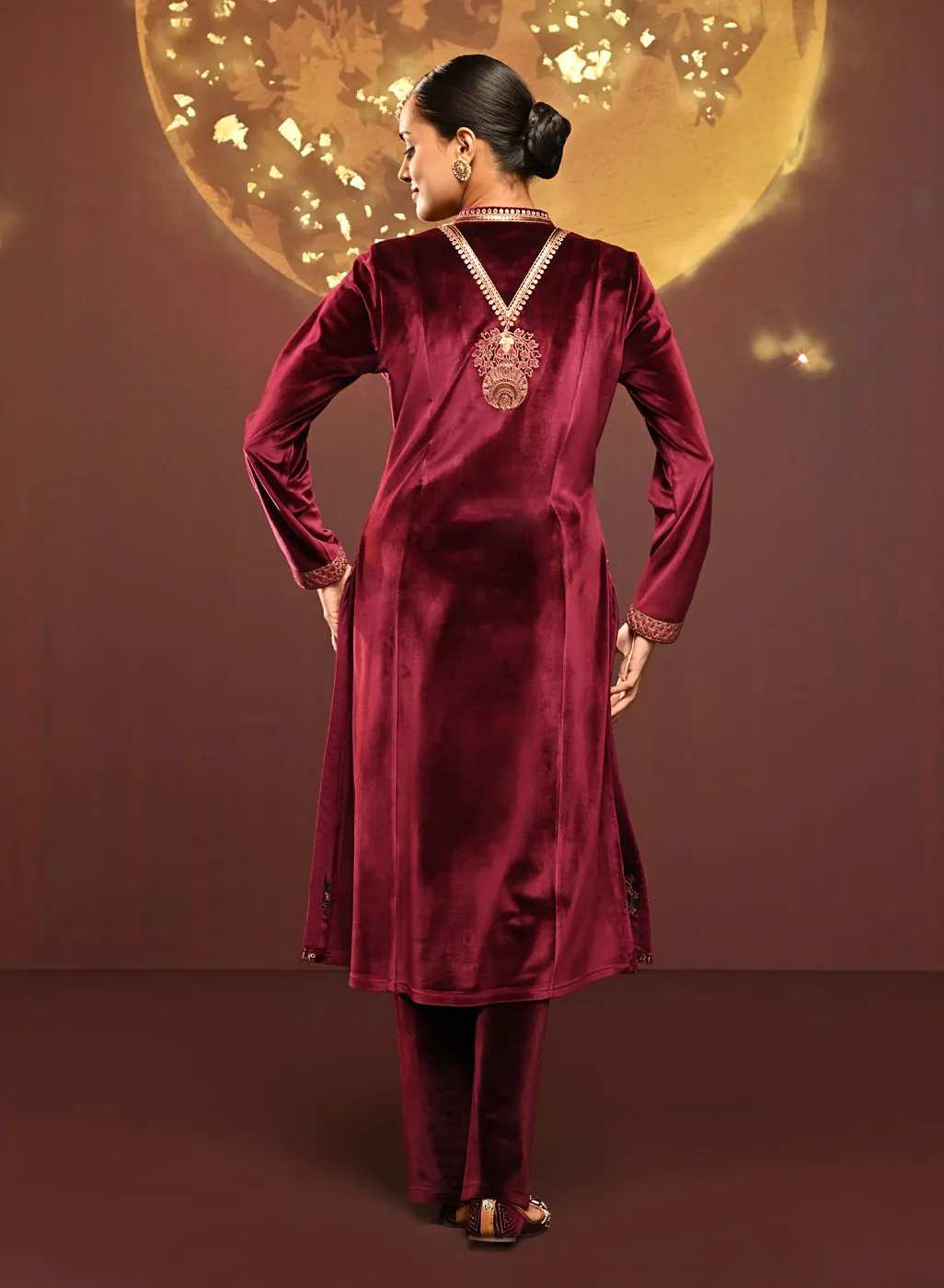 Sana Maroon Embroidered Velvet Kurta Set for Women