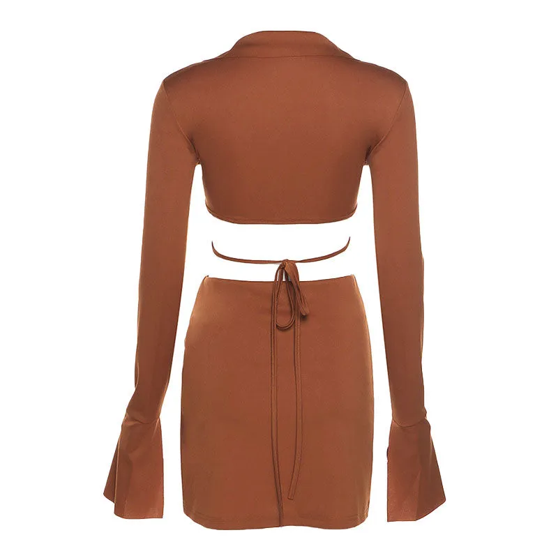 Sexy Long Sleeve Crop Blouse Skirt Matching Set - Chocolate