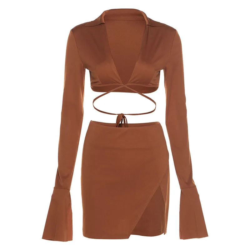 Sexy Long Sleeve Crop Blouse Skirt Matching Set - Chocolate