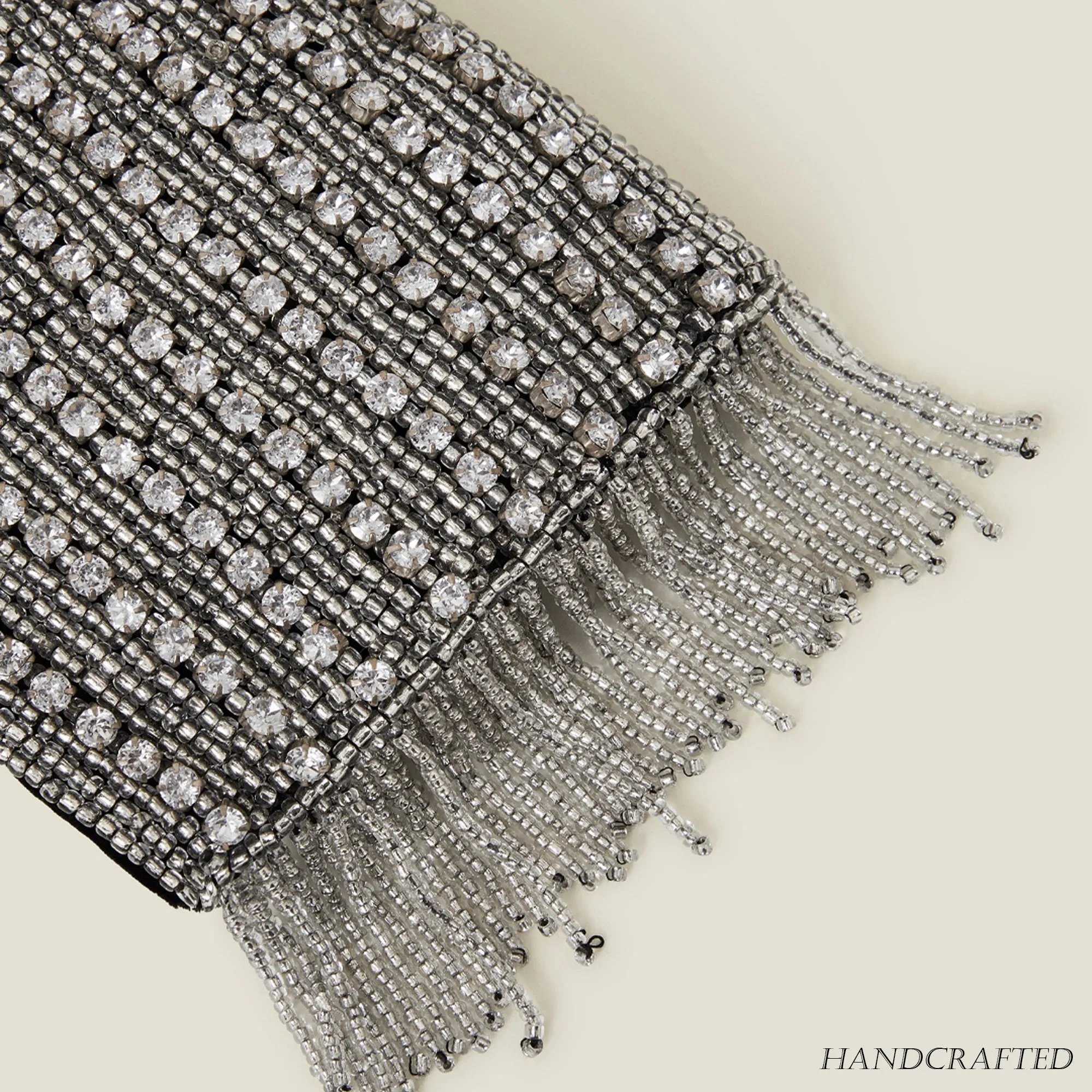 Silver Handmade Diamante Bead Fringe Phone Bag