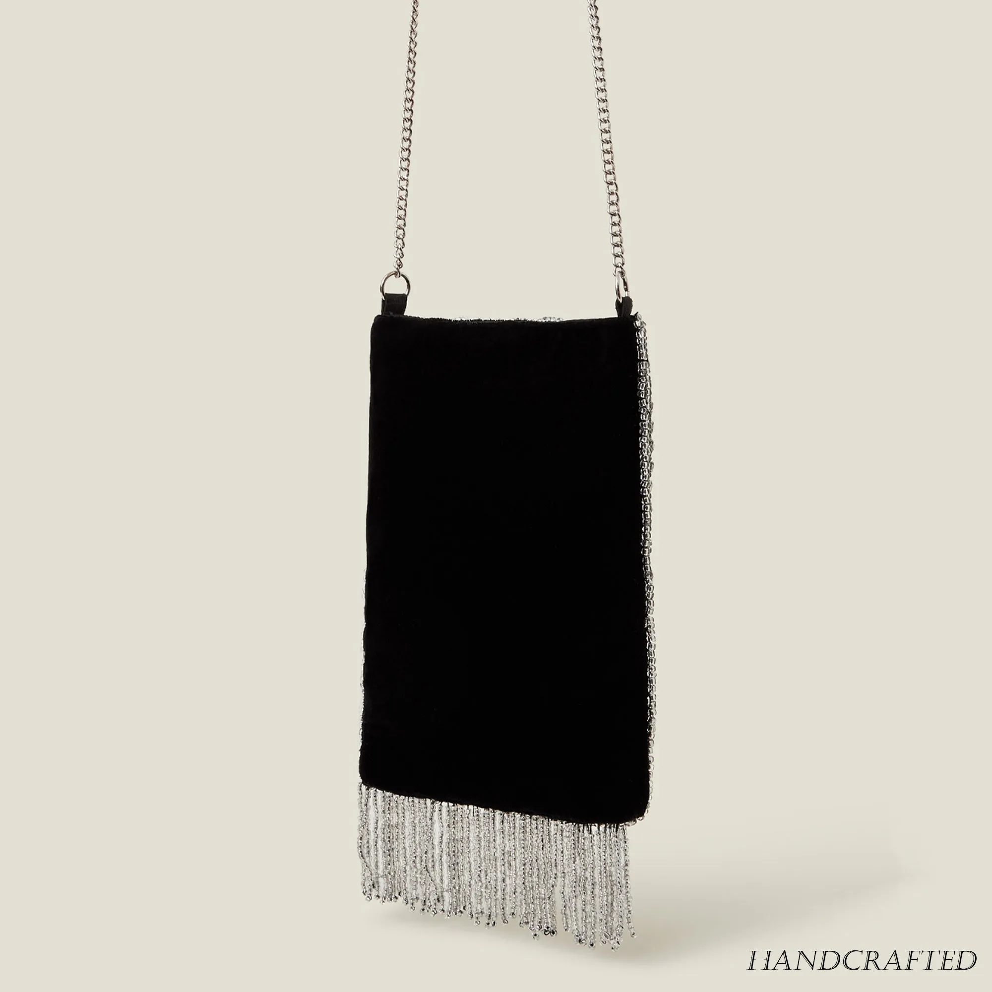 Silver Handmade Diamante Bead Fringe Phone Bag