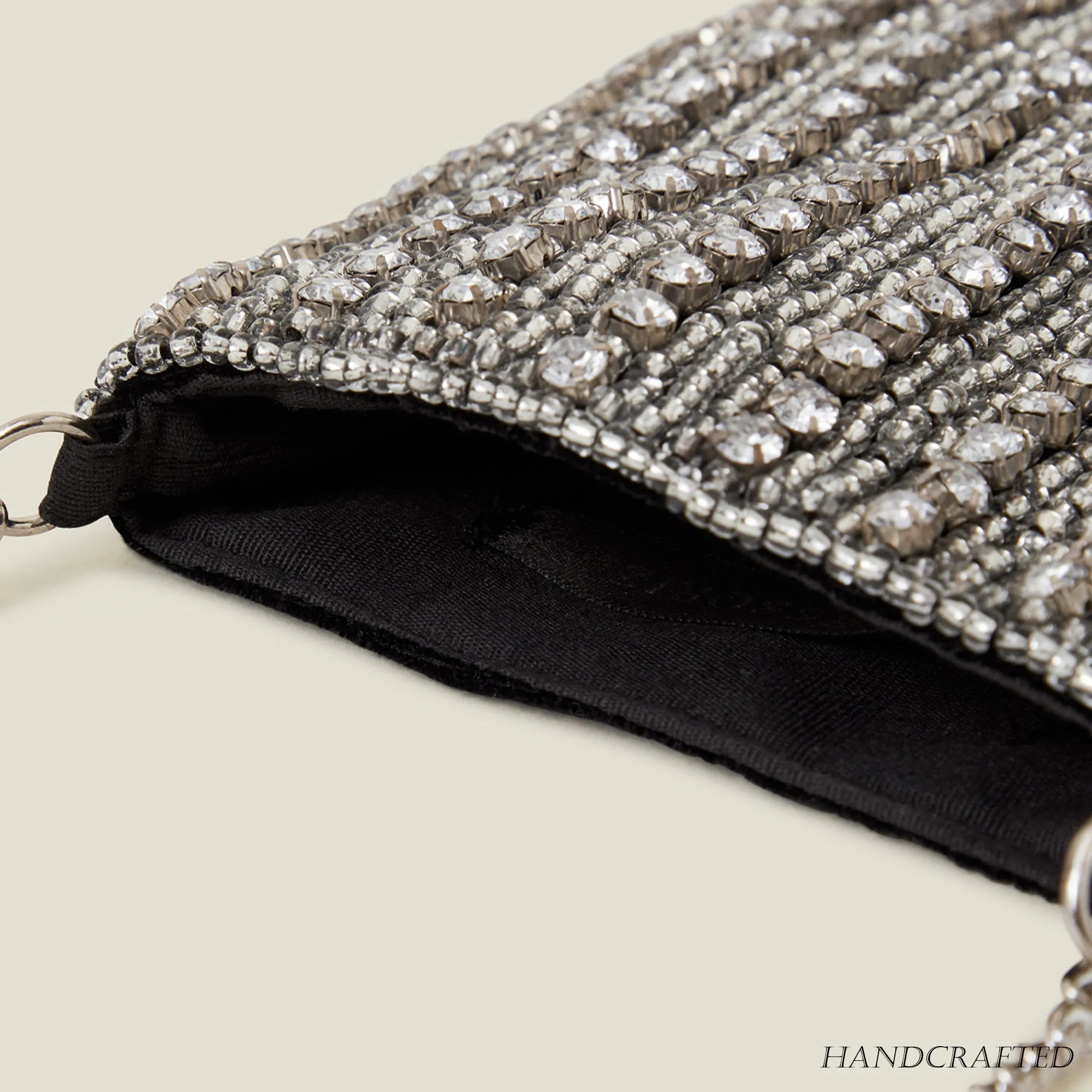 Silver Handmade Diamante Bead Fringe Phone Bag