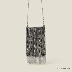 Silver Handmade Diamante Bead Fringe Phone Bag