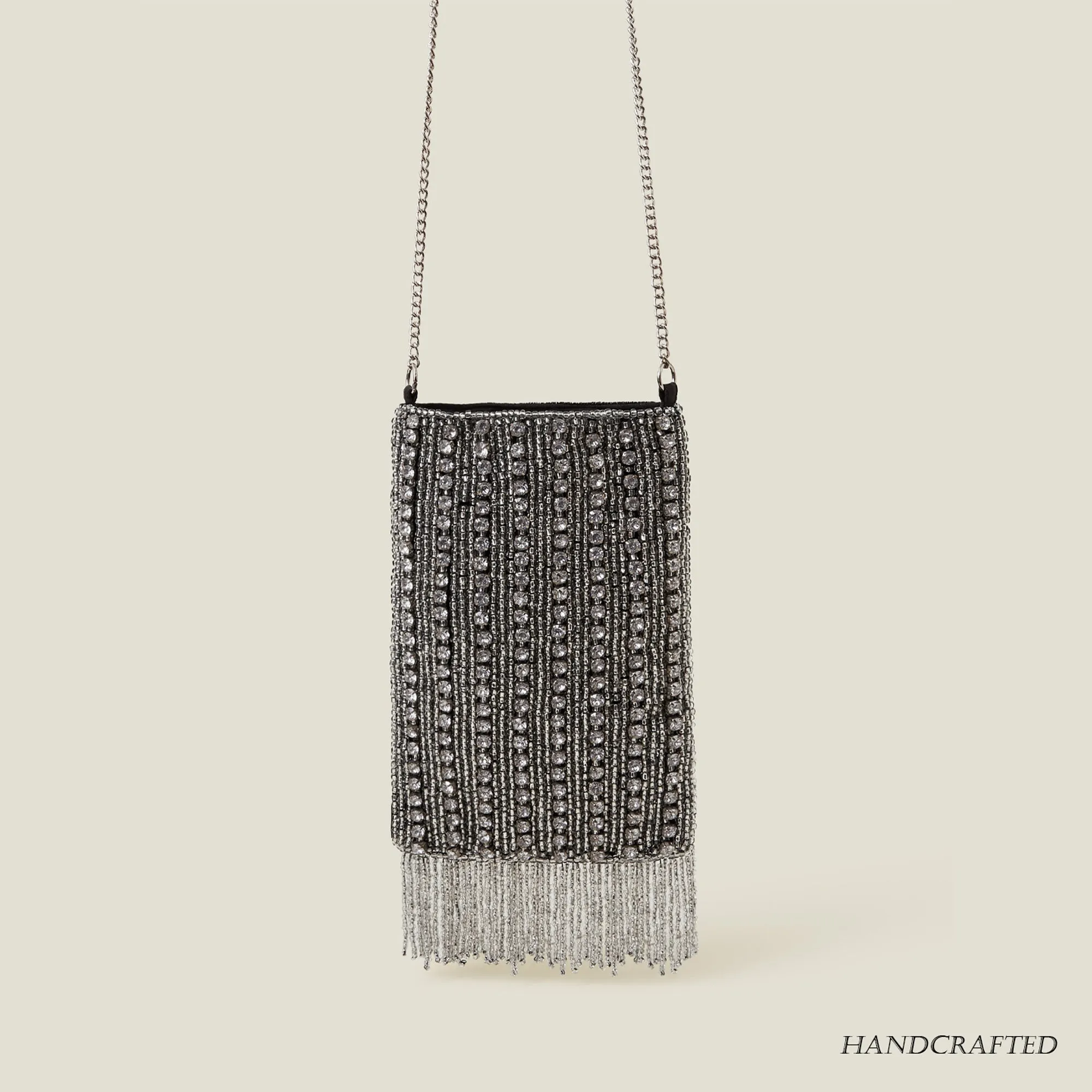 Silver Handmade Diamante Bead Fringe Phone Bag