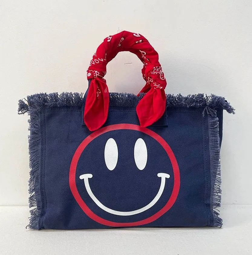 Smiley Fringe Canvas Tote With Bandana Handle - Assorted Colors