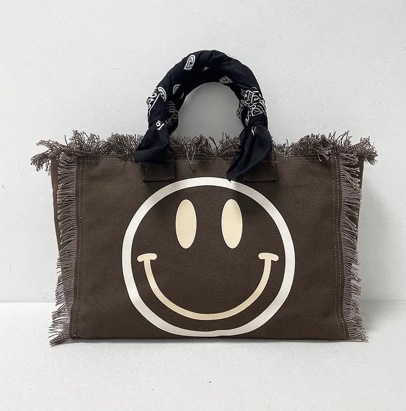 Smiley Fringe Canvas Tote With Bandana Handle - Assorted Colors