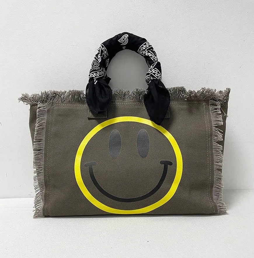 Smiley Fringe Canvas Tote With Bandana Handle - Assorted Colors