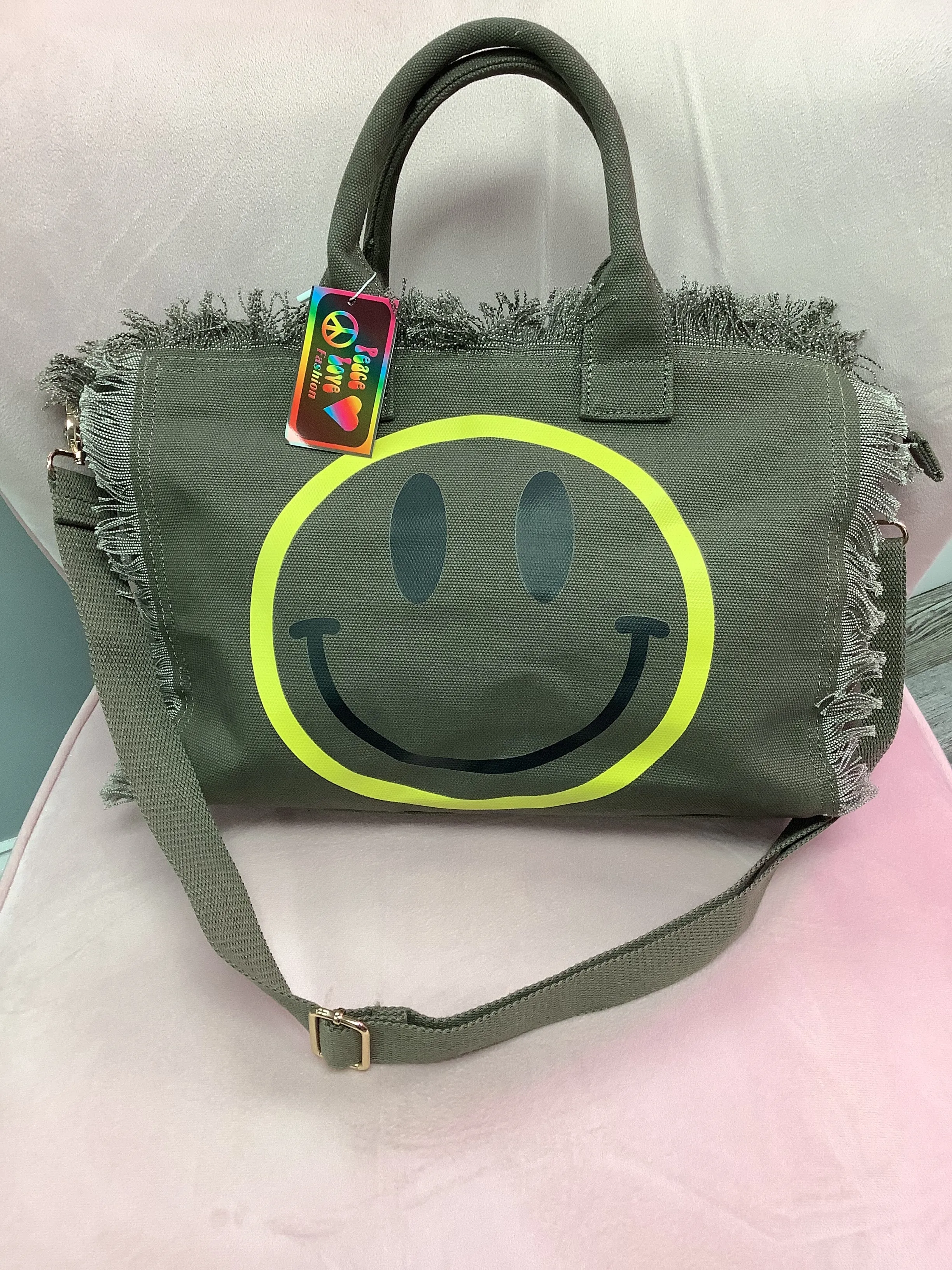 Smiley Fringe Canvas Tote With Bandana Handle - Assorted Colors