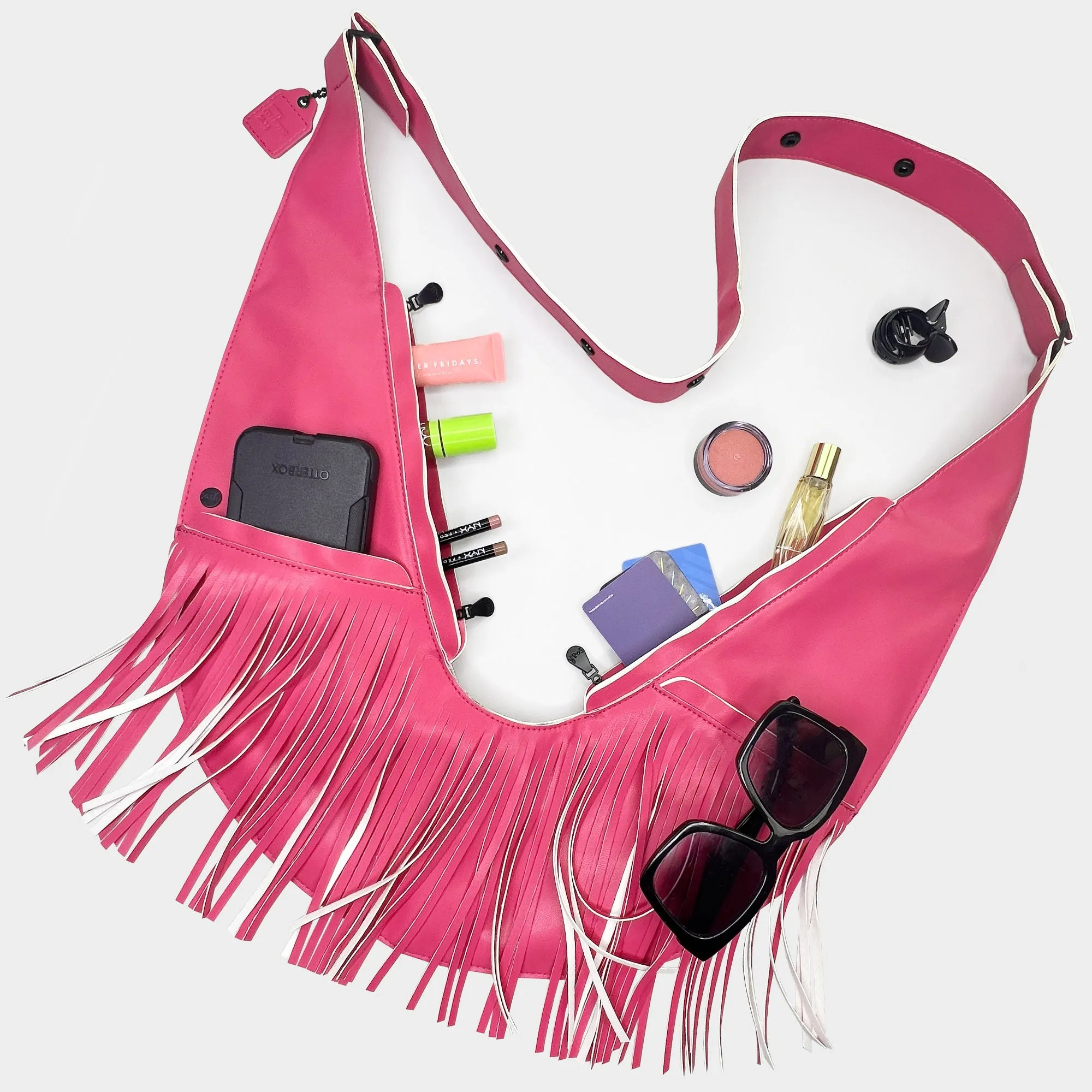 Star Pink Faux Leather Fringe Sash Bag