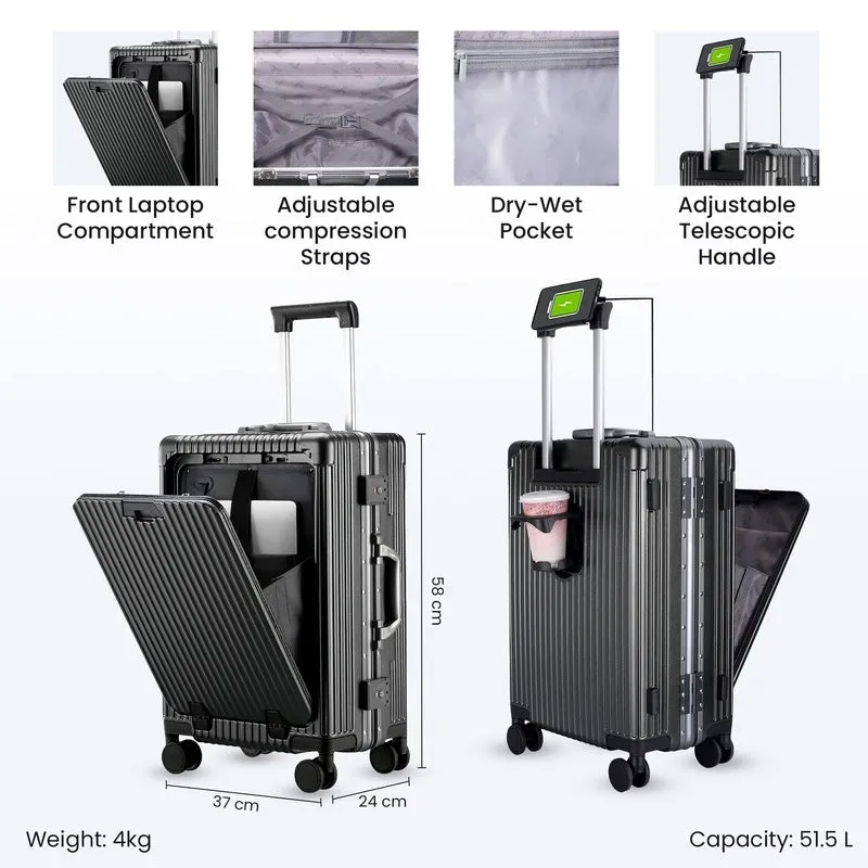 THE CLOWNFISH Ambassador Series Carry-On Luggage PolyCarbonate Hard Case Suitcase Eight Spinner Wheel Trolley Bag with TSA Lock, USB, Mobile Holder, Cup Holder- Black (56 cm-22 inch)