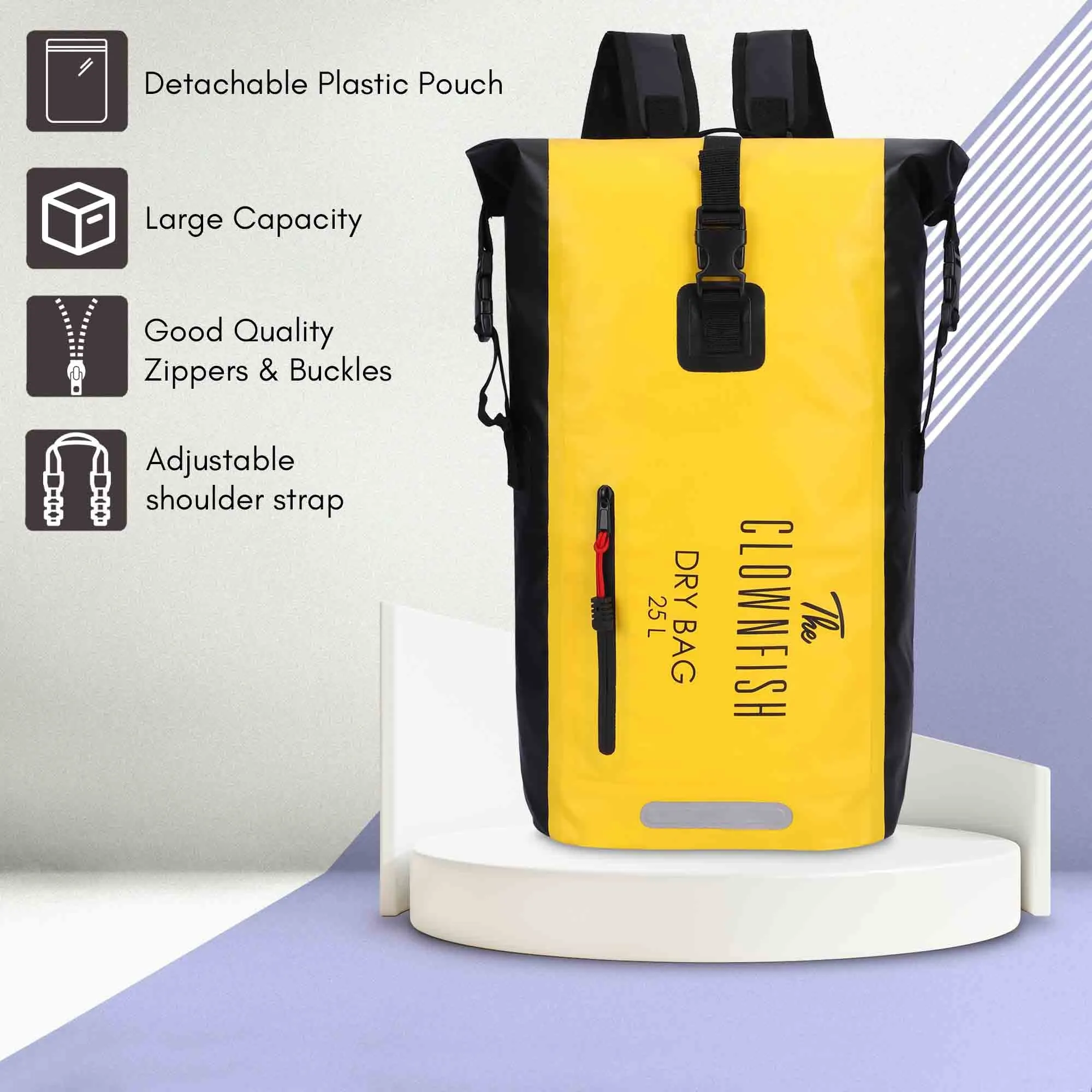 THE CLOWNFISH Waterproof PVC 25 Liter Dry Bag Dry Sack Lightweight Dry Backpack with Waterproof Accessory Bag for Water Sport Hiking Trekking Camping Boating (Yellow)