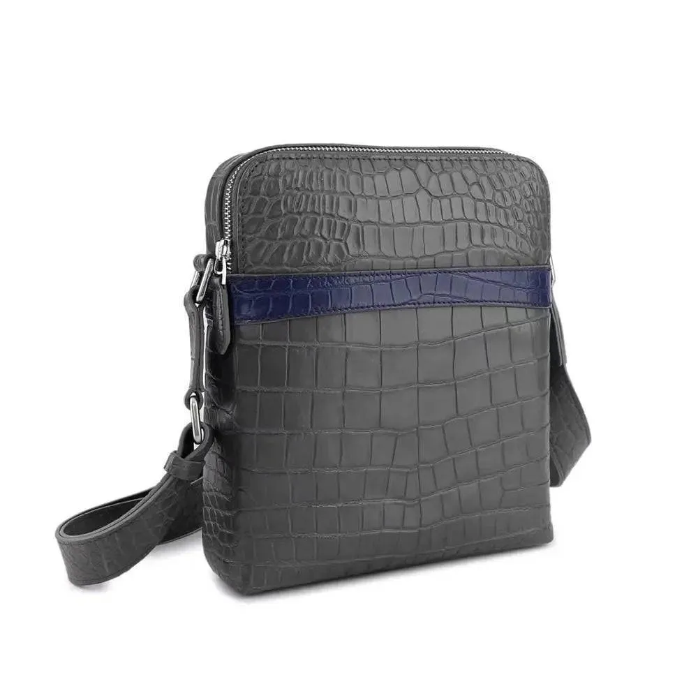 Unisex Crocodile Skin Leather Messenger Bags Dark Grey