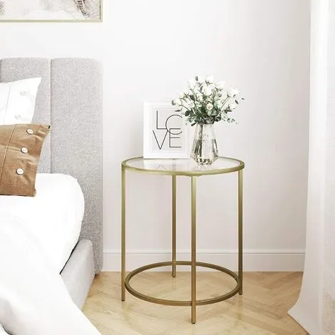 VASAGLE Round Side Table Tempered Glass End Table With Golden Metal Frame Small Coffee Table Gold