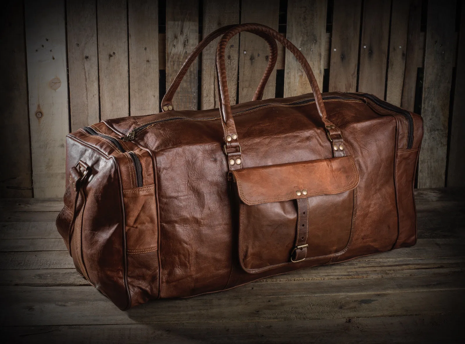 Vintage Large Brown Leather Duffle Bag