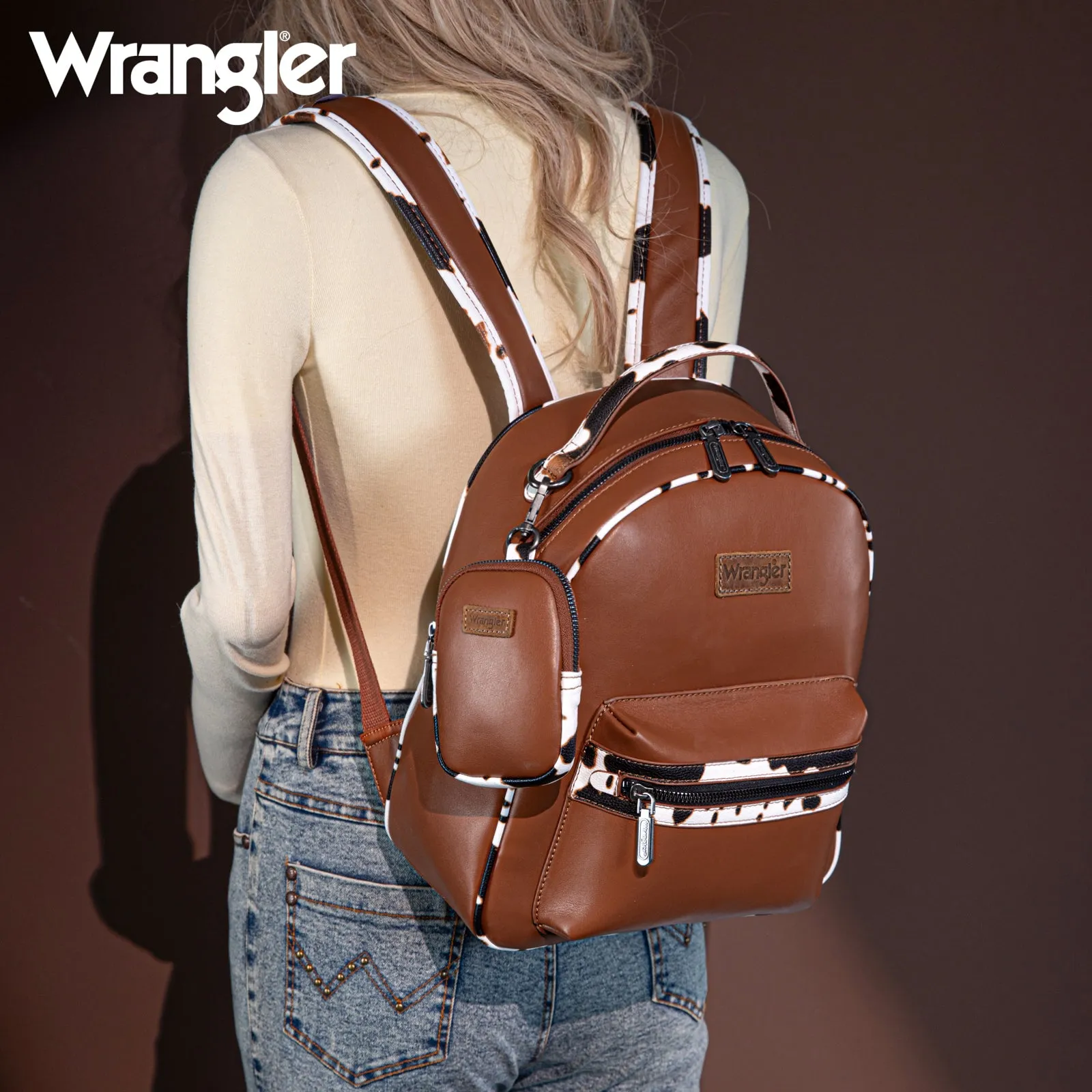 WG102-8603  Wrangler  Cow Print Backpack With Coin Pouch - Brown