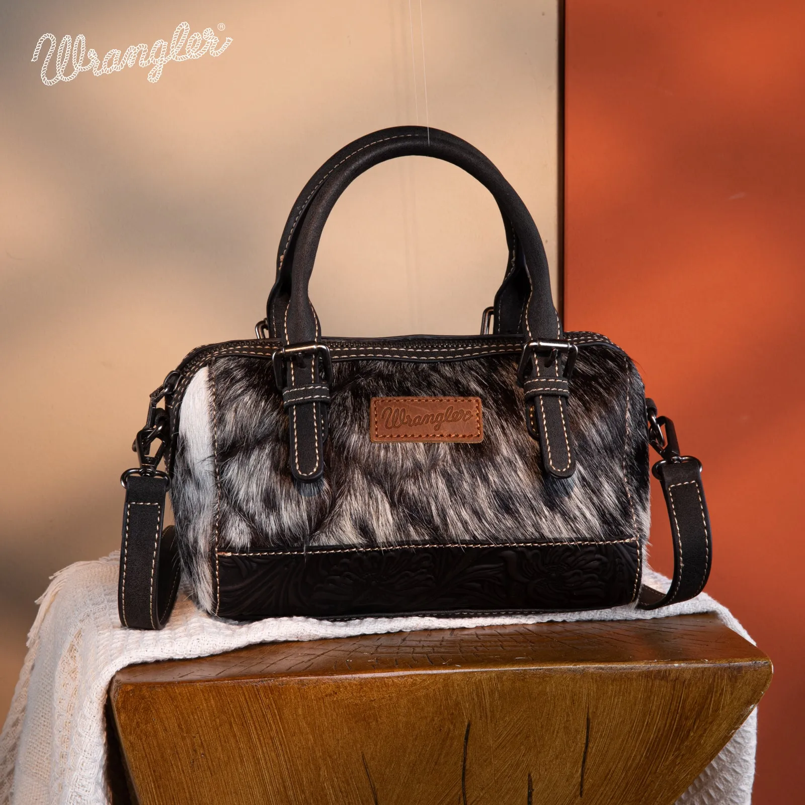 WG169-2025  Wrangler Genuine Hair-On Cowhide Barrel Bag/Crossbody - Black