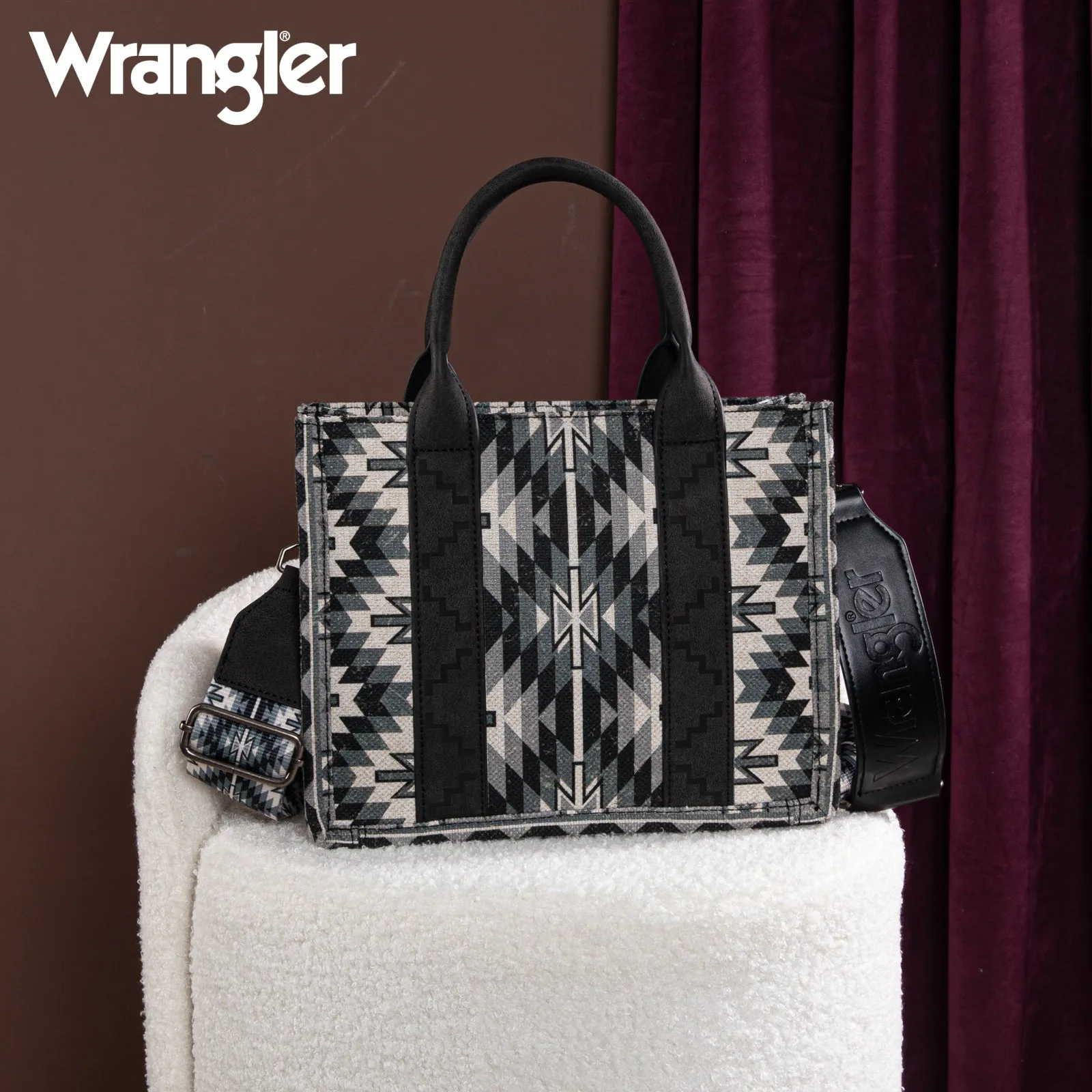 WG2213-8120S  Wrangler Southwestern Pattern Dual Sided Print  -Tote/Crossbody -BLACK