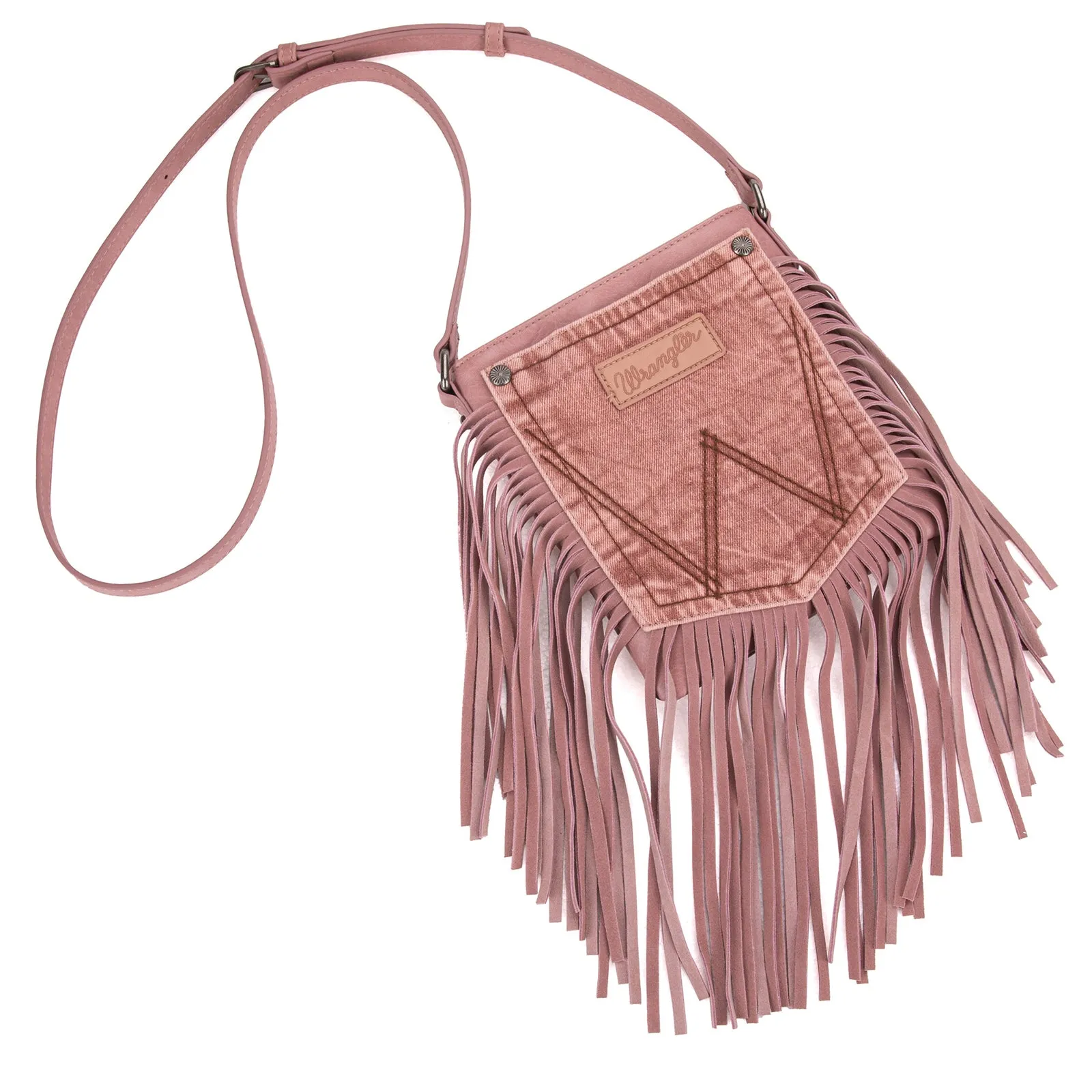 WG44-8360  Wrangler Leather Fringe Jean Denim Pocket Crossbody - Pink