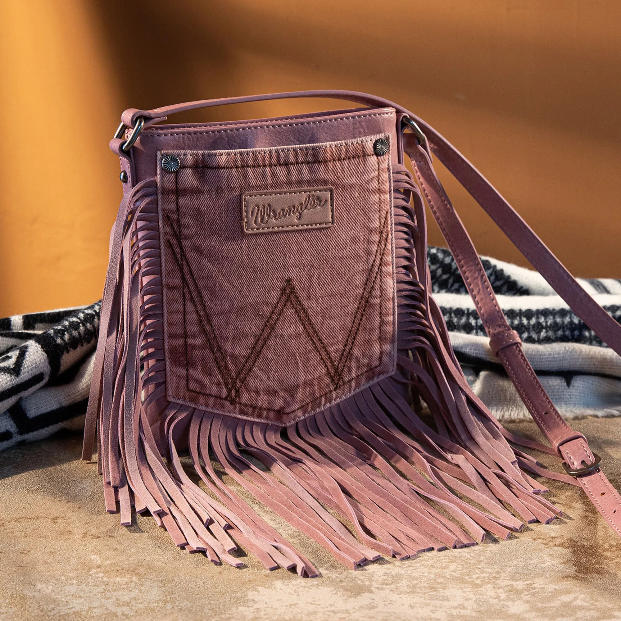 WG44-8360  Wrangler Leather Fringe Jean Denim Pocket Crossbody - Pink