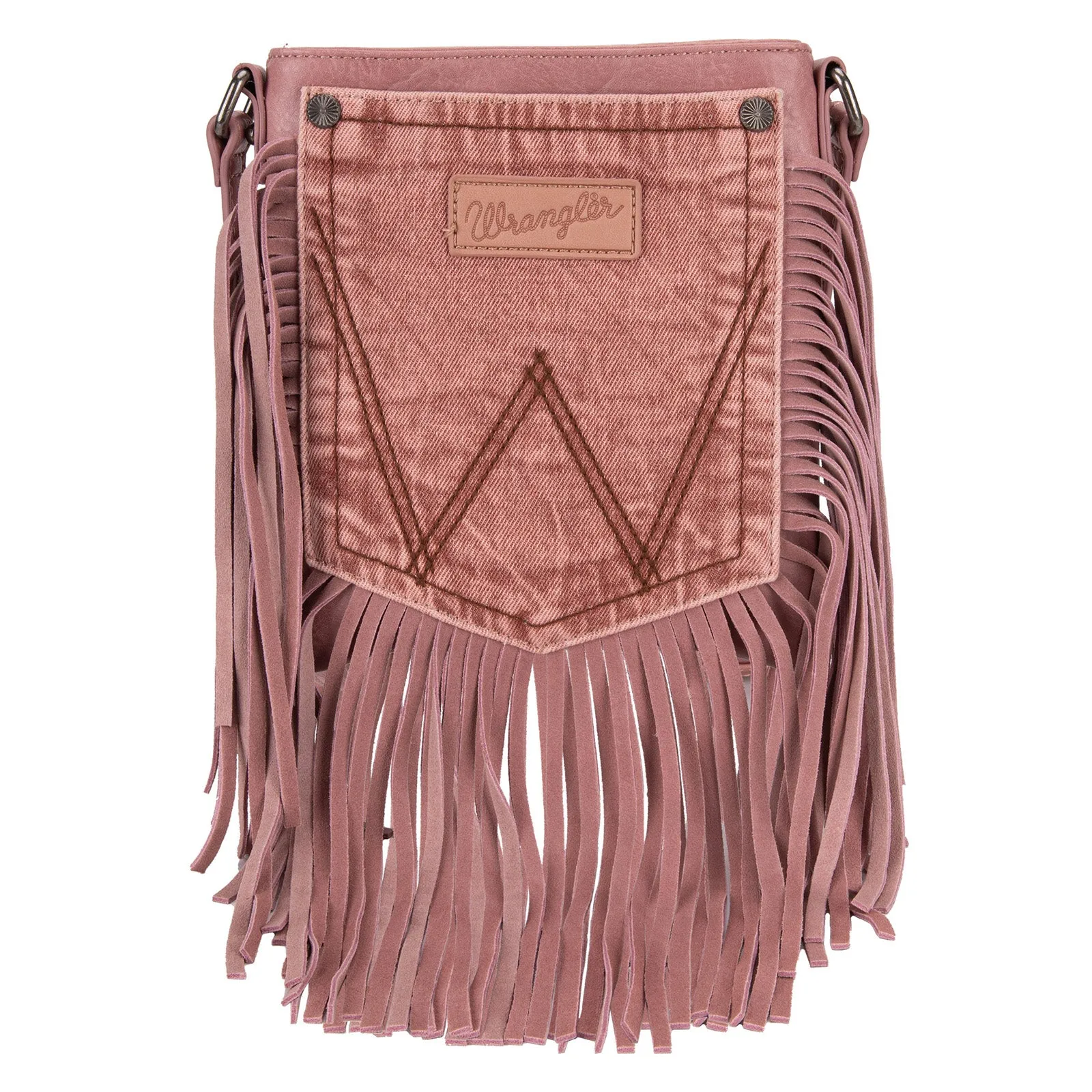 WG44-8360  Wrangler Leather Fringe Jean Denim Pocket Crossbody - Pink