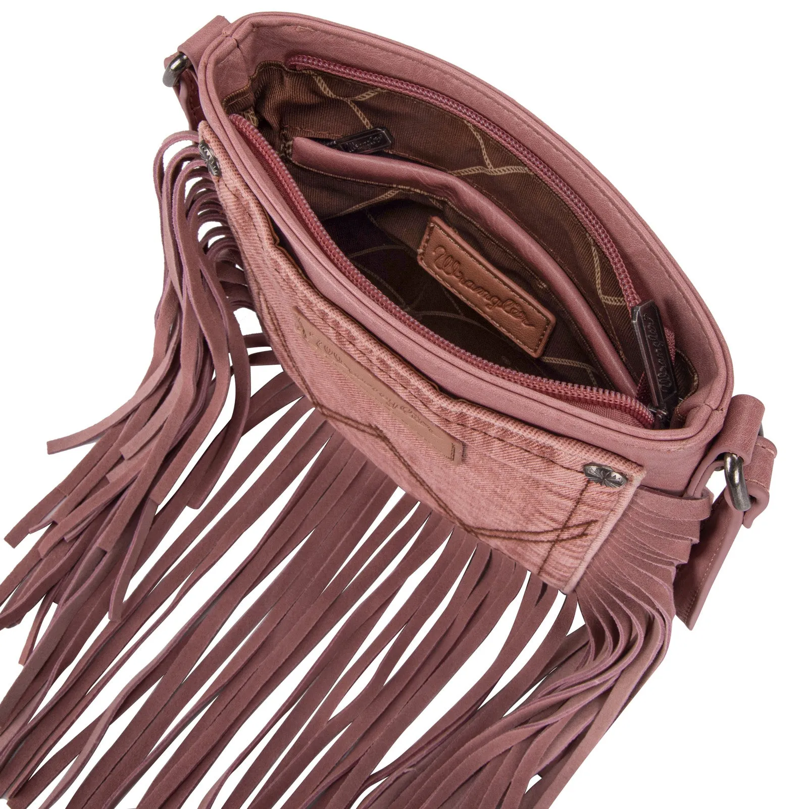 WG44-8360  Wrangler Leather Fringe Jean Denim Pocket Crossbody - Pink