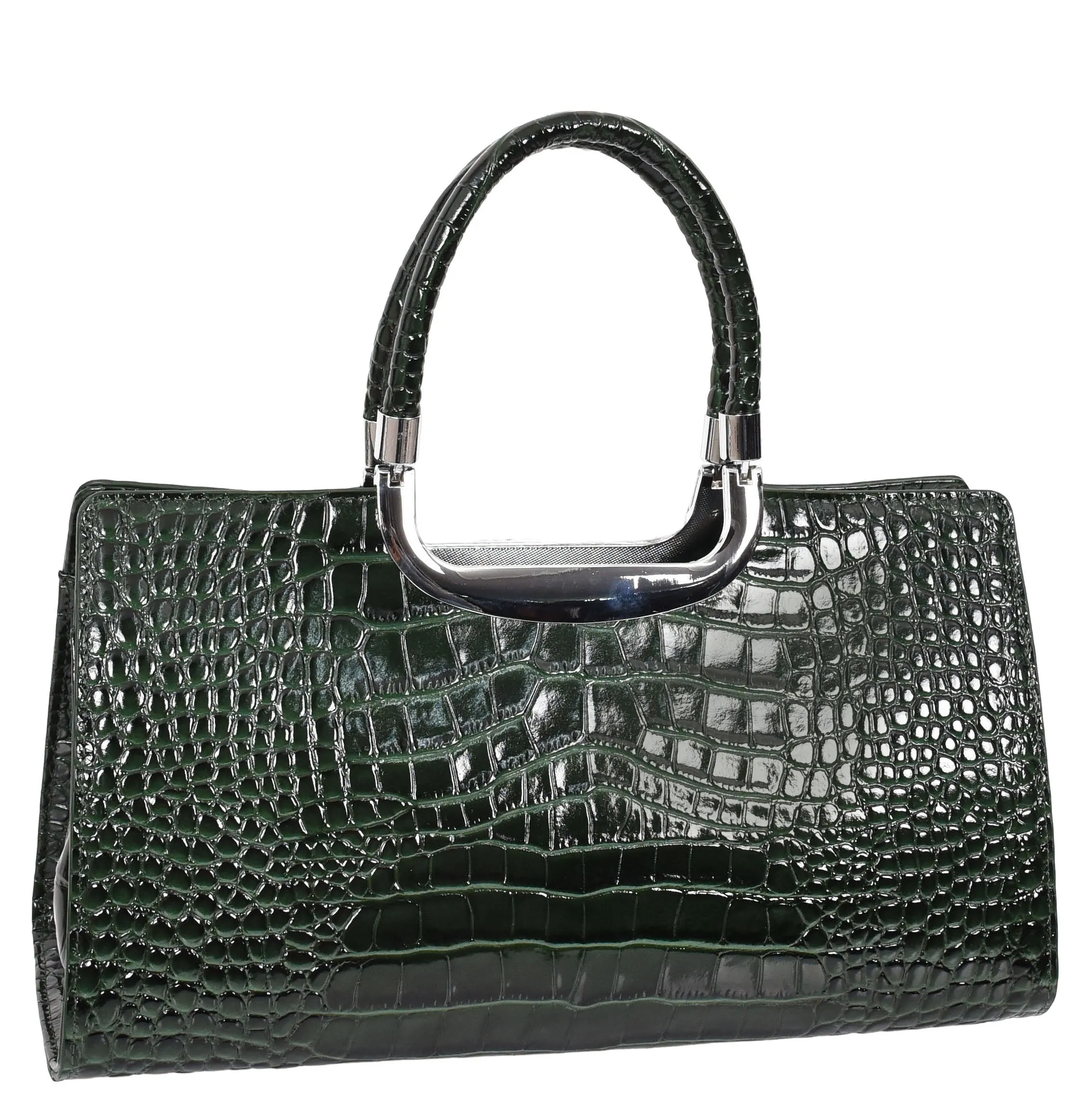 Womens Leather Croc Print Handbag Madeline Green