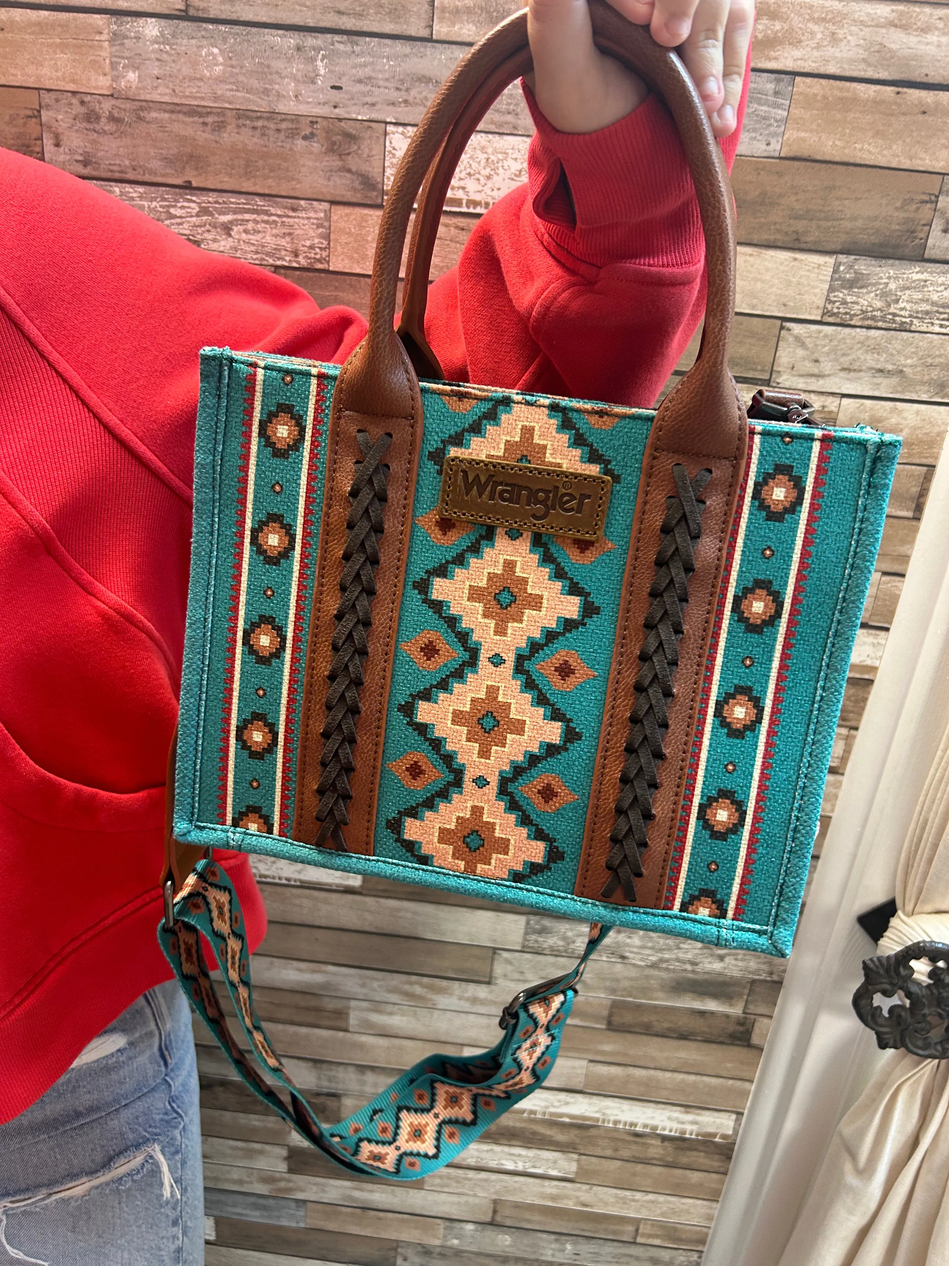 Wrangler Southwestern Print Cross Body Canvas Mini Tote in Turquoise