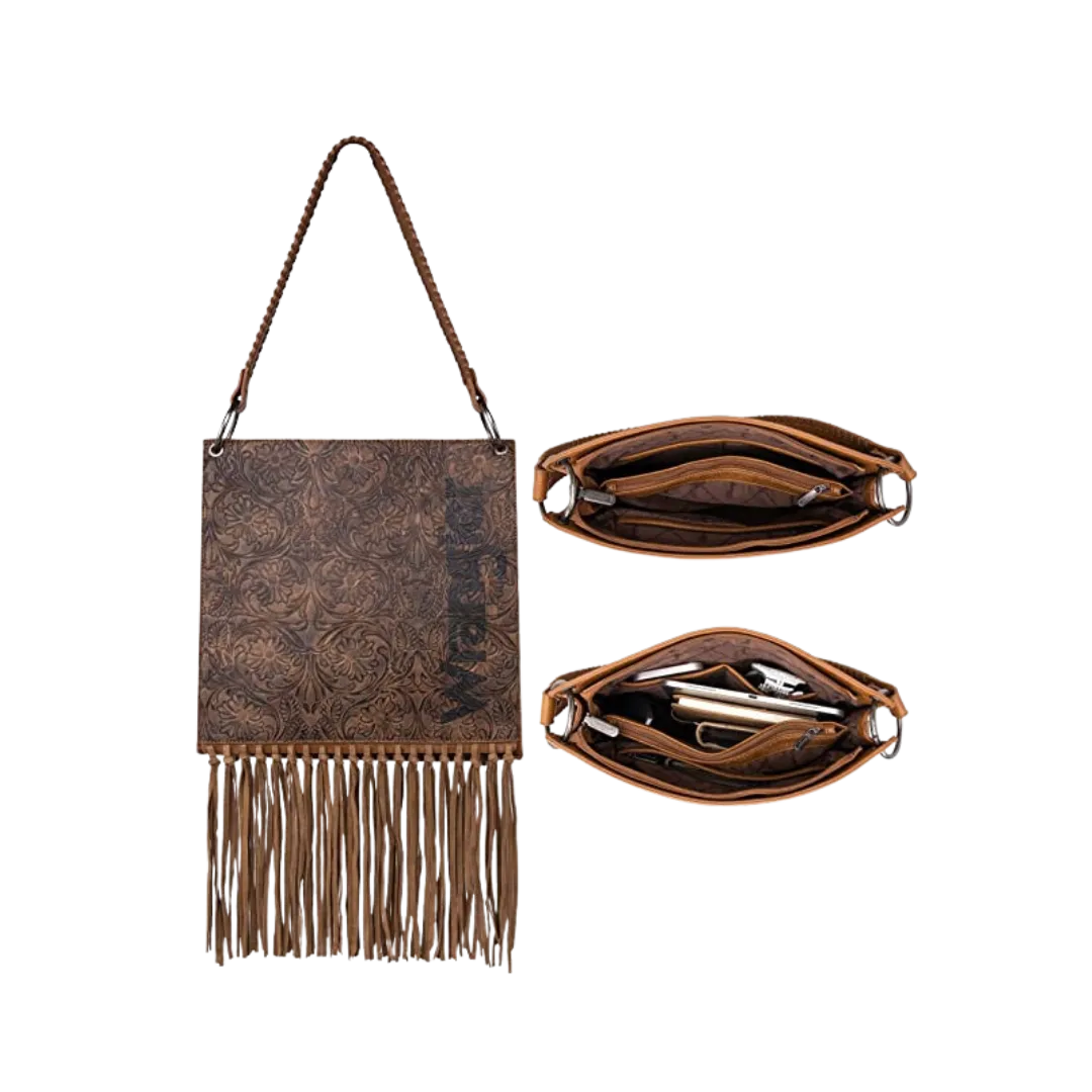 Wrangler Women's Floral Embossed Fringe Concealed Carry Hobo Brown Crossbody