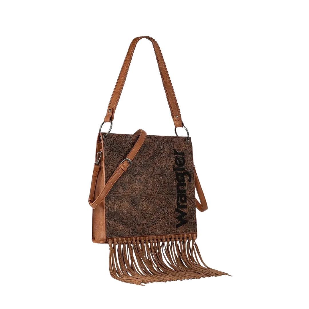 Wrangler Women's Floral Embossed Fringe Concealed Carry Hobo Brown Crossbody