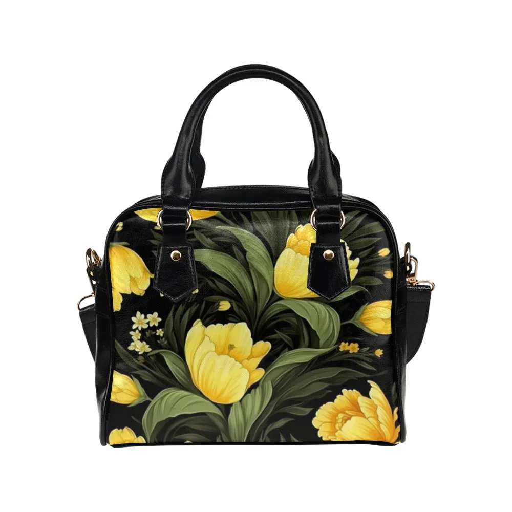 Yellow Floral Purse, Flowers Retro Pattern Cute Small Shoulder Zip Bag Vegan Leather Women Designer Handbag Crossbody Ladies