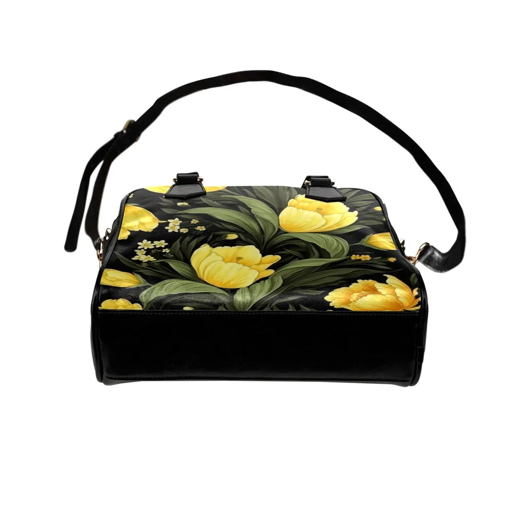 Yellow Floral Purse, Flowers Retro Pattern Cute Small Shoulder Zip Bag Vegan Leather Women Designer Handbag Crossbody Ladies